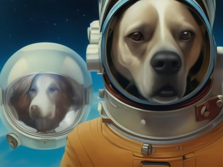Der Filmstill aus "Cosmic Miniatures" zeigt zwei KI-generierte Hunde in Astronautenanzügen.