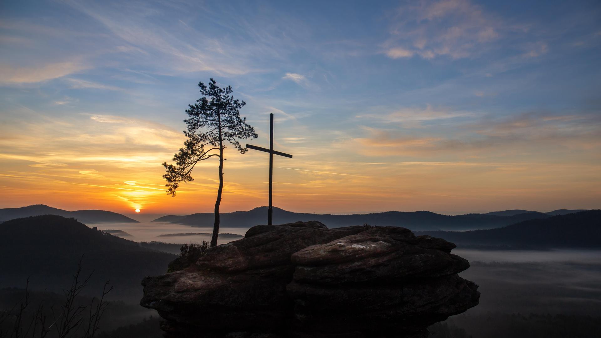 Ein beeindruckender Sonnenaufgang im Pfälzerwald, eingefangen auf einem Felsen, der aus dem morgendlichen Nebel aufragt.