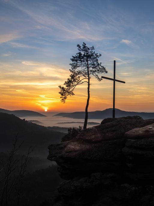 Ein beeindruckender Sonnenaufgang im Pfälzerwald, eingefangen auf einem Felsen, der aus dem morgendlichen Nebel aufragt.