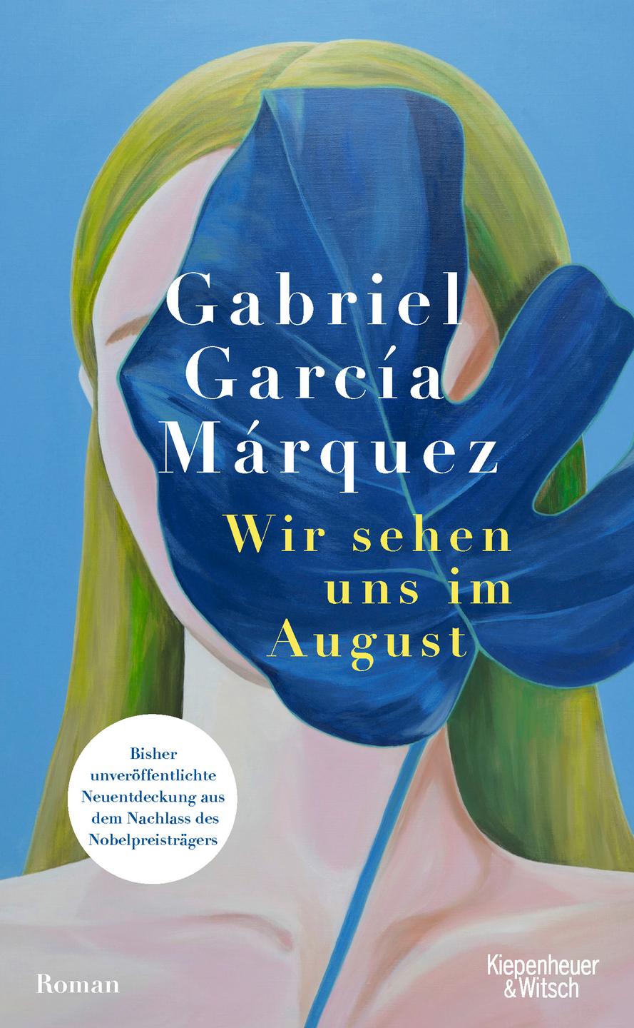 Auf dem Cover des Buchs "Wir sehen uns im August" ist eine Illustration einer Frau zu sehen, deren Gesicht von einem blauen Blatt verdeckt wird.