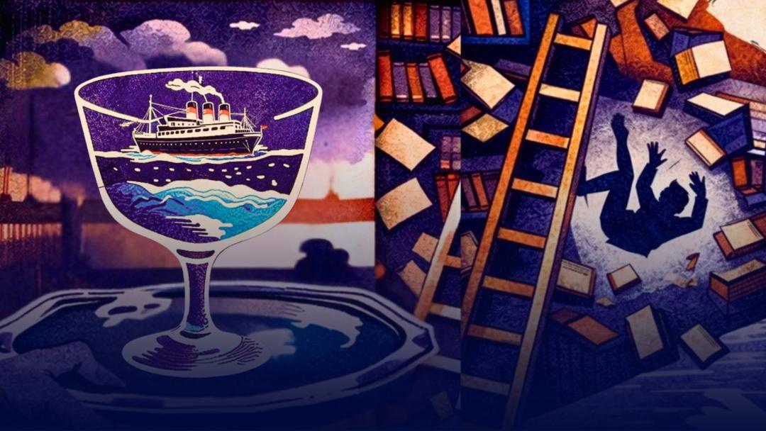 Zweigeteilte Illustration: Links ein Weinglas, darin ein Schiff. Rechts ein von einer Leiter im Bücherregal fallender Mann.