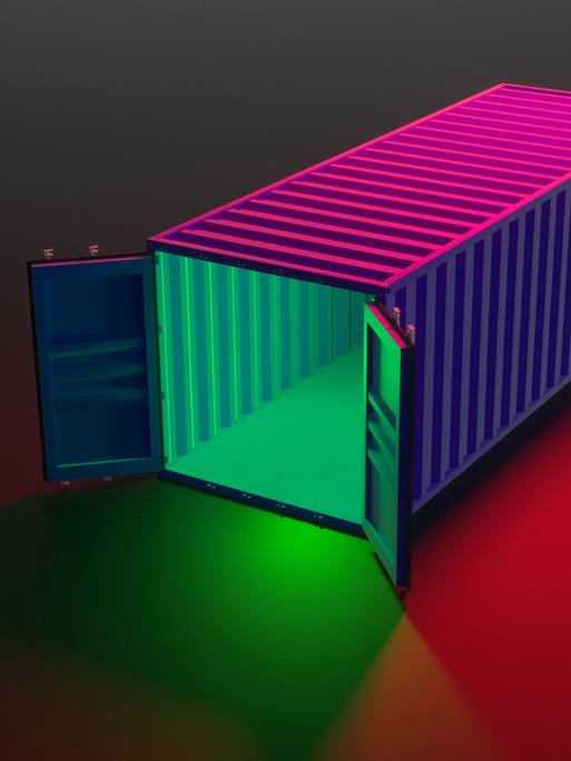 3D-Illustration eines isolierten Schiffcontainers in Neon-Farben mit offenen Türen vor schwarzem Hintergrund