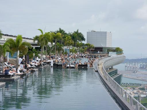 Blick auf die Dachterrasse eines Luxus-Hotels in Singapur. Menschen liegen an einem Pool, es sind diverse Palmen zu sehen. 
