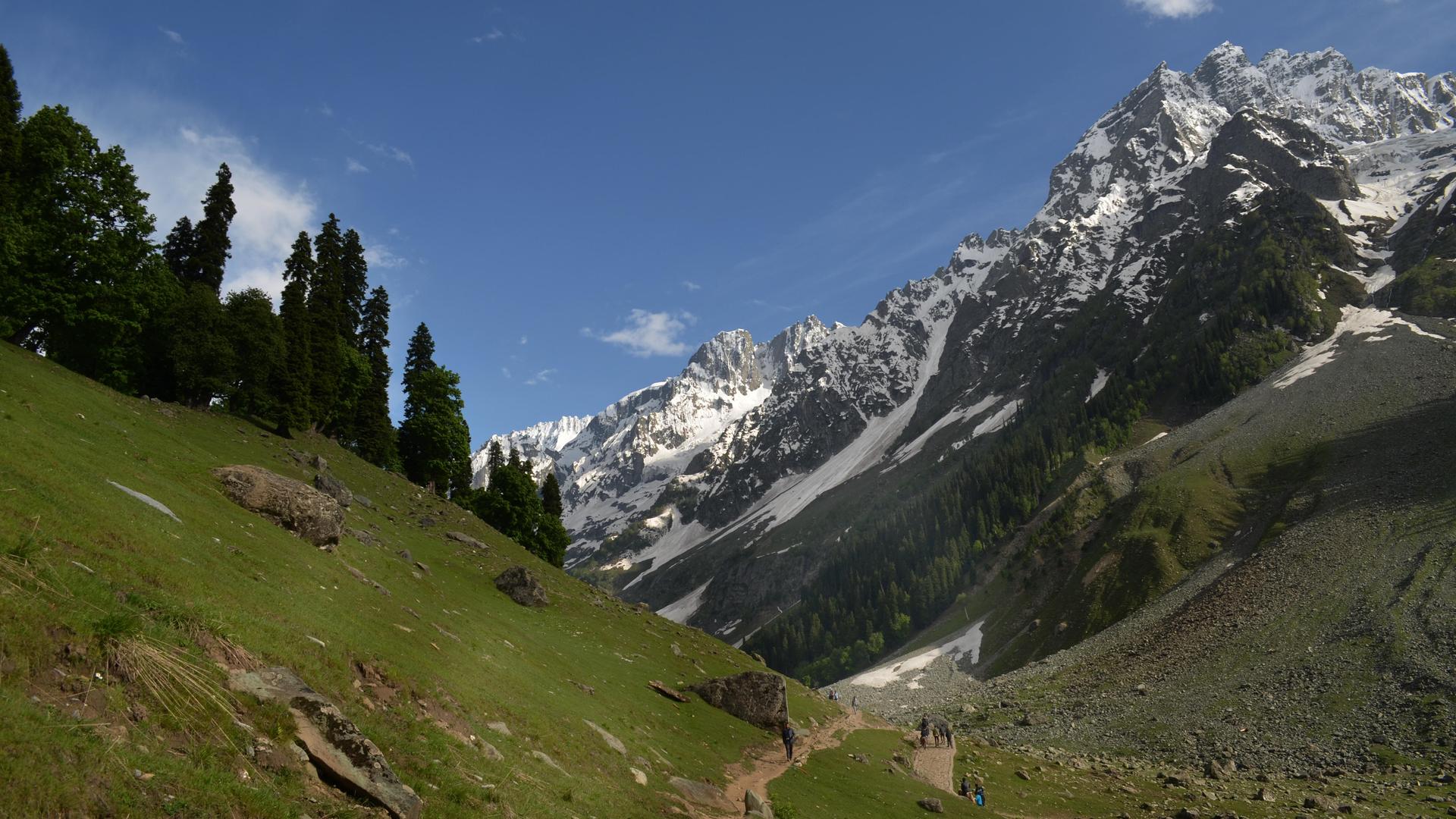 Berglandschaft in Kaschmir. Der Gletscher Sonmarg ist in der Ferne zu sehen.