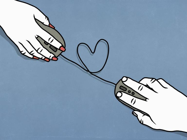 Illustration: Eine männliche und eine weibliche Hand mit Computermäusen die mit einem Kabel verbunden sind, das eine herzförmigen Kringel bildet.