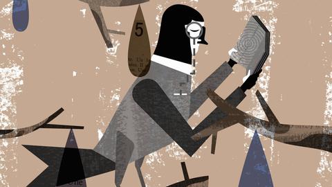 Illustration: Eine Eule mit Monokel liest ein Buch auf einem Ast.