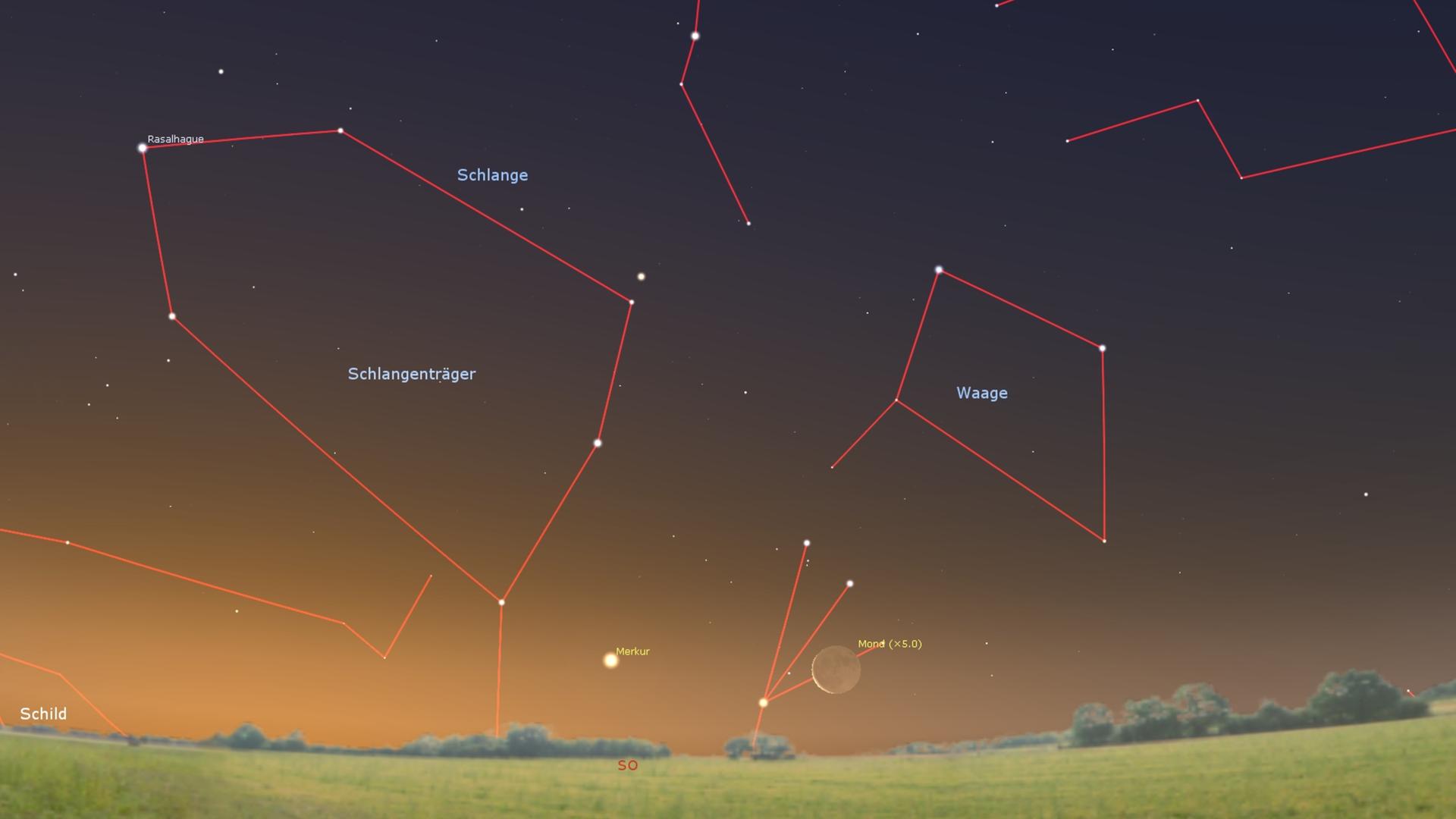 Die Mondsichel und der innerste Planet Merkur, Samstag früh in der Morgendämmerung tief im Südosten. 