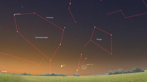 Die Mondsichel und der innerste Planet Merkur, Samstag früh in der Morgendämmerung tief im Südosten. 