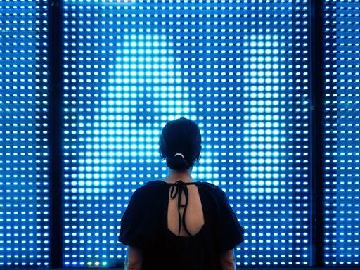 Eine Frau steht dem Betrachter mit dem Rücken zugewandt vor einer erleuchtenden LED Wand, deren Lichtpunkte die Buchstaben "AI" formen.