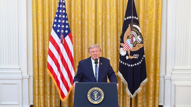 US-Präsident Trump steht bei einer Ansprache an einem Rednerpult zwischen zwei Fahnen.