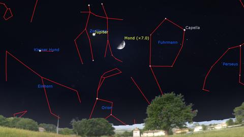 Der Nachthimmel zeigt eine Wiesenlandschaft im Vordergrund und darüber mehrere mit roten Linien markierte Sternbilder wie Orion, Perseus und Fuhrmann, sowie den hellen Halbmond und den beschrifteten Planeten Jupiter vor einem dunklen Sternenhimmel