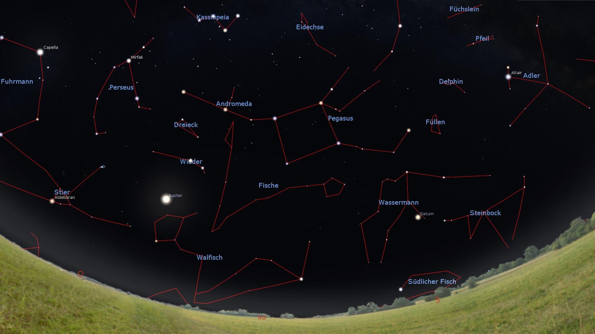 Das bleibt auch in den nächsten 30 Jahren so: Im Herbst sind abends im Südosten das Pegasus-Viereck und die Andromeda zu sehen. Hier ist der Himmel Mitte Oktober gegen Mitternacht dargestellt.