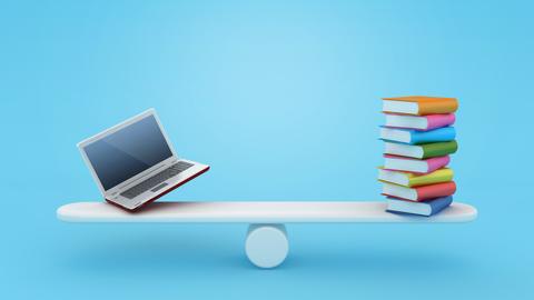 Illustration einer Wippe, auf der ein Stapel Bücher versucht die Balance mit einem Laptop zu halten.