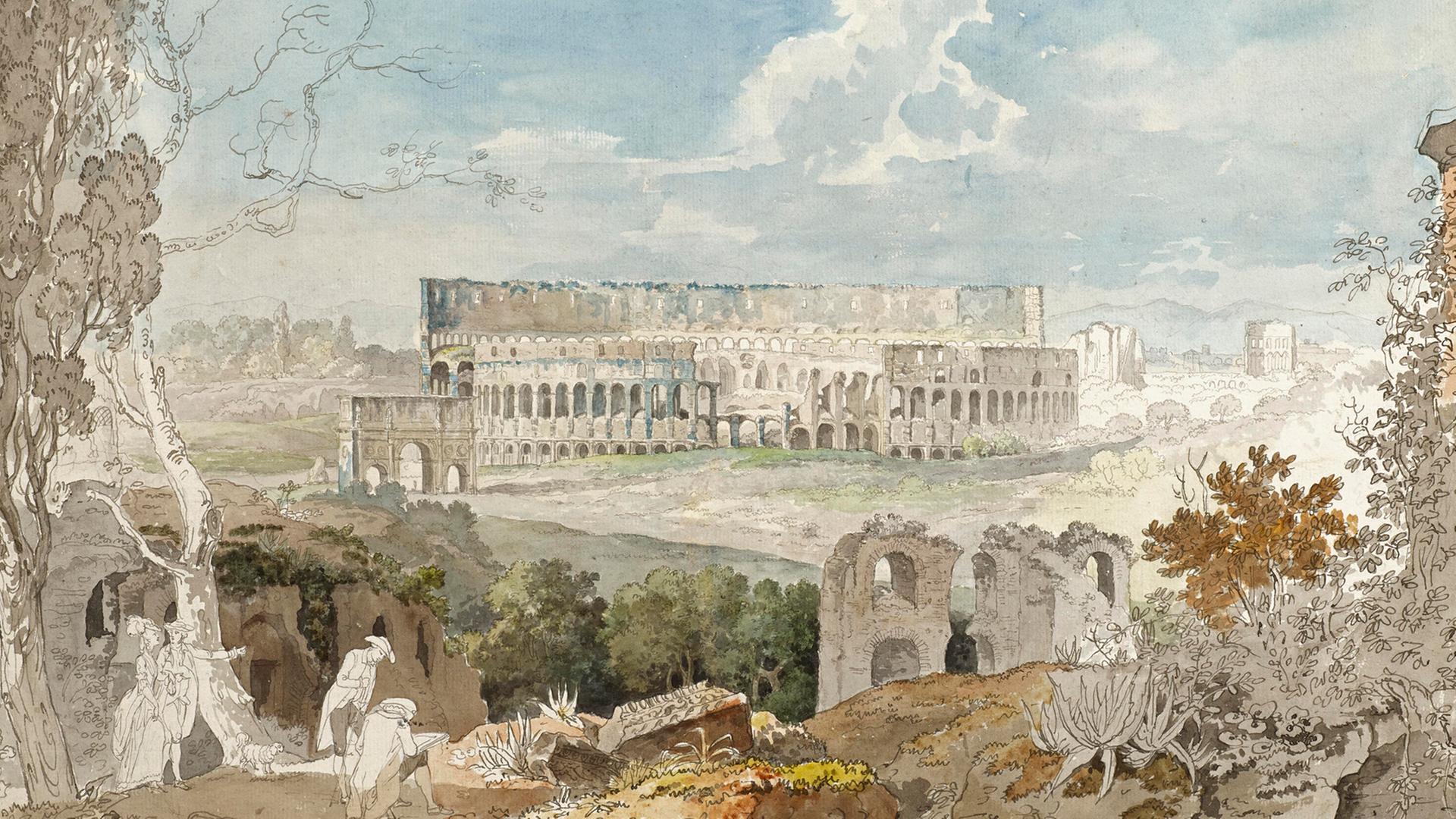 Reproduktion eines Gemäldes von Carlo Labruzzi, Das Colosseum vom Palatin aus gesehen, Rom, frühe 1760er- oder 1770er-Jahre. Reproduktion eines Gemäldes von Carlo Labruzzi, Das Colosseum vom Palatin aus gesehen, Rom, frühe 1760er- oder 1770er-Jahre.
