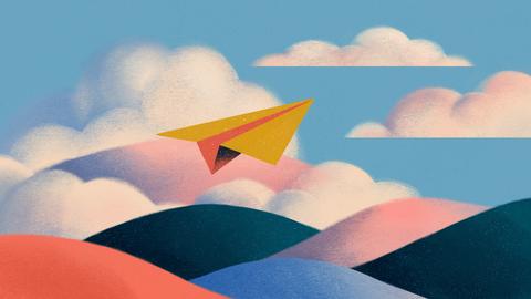 Illustration eines Papierfliegers, der über pastellfarbenen Hügeln und Wolken an einem ruhigen Himmel schwebt.