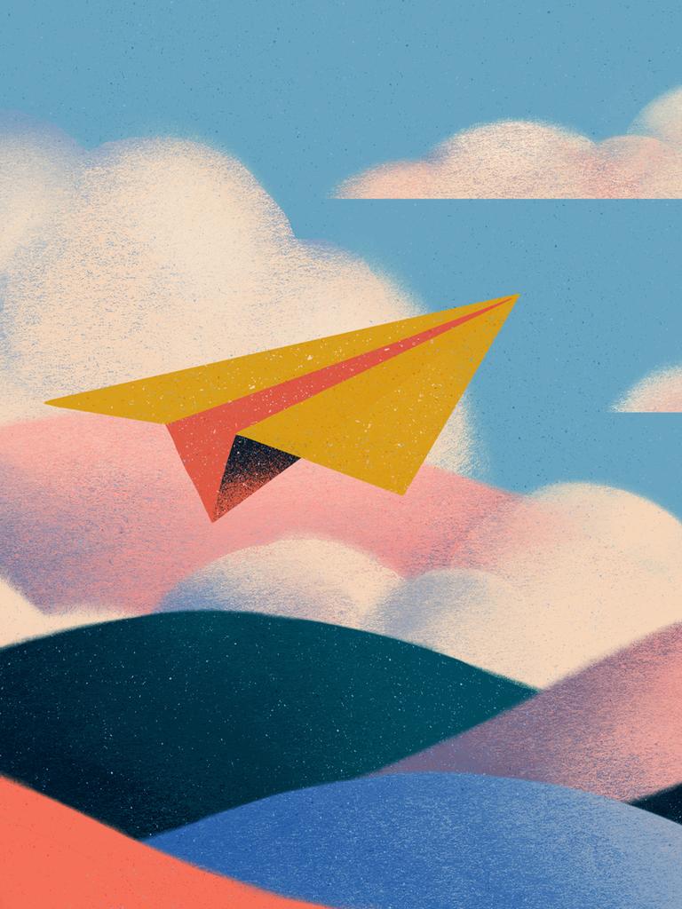 Illustration eines Papierfliegers, der über pastellfarbenen Hügeln und Wolken an einem ruhigen Himmel schwebt.
