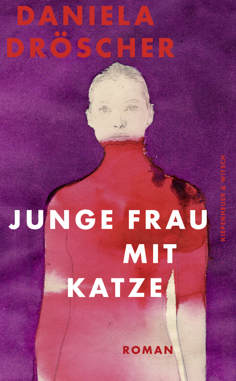 Buchcover von "Junge Frau mit Katze" von Daniela Dröscher: Ein Aquarell in Rot- und Lila-Tönen zeigt einen junge Frau. Buchcover von "Junge Frau mit Katze" von Daniela Dröscher: Ein Aquarell in Rot- und Lila-Tönen zeigt einen junge Frau.