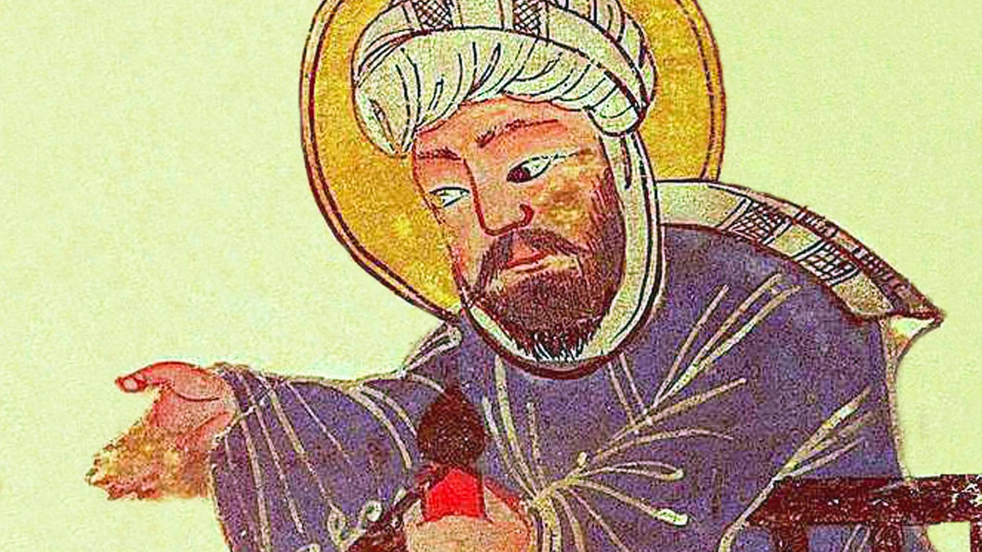 Gemälde des Propheten Mohammed wie er eine Predigt hält.