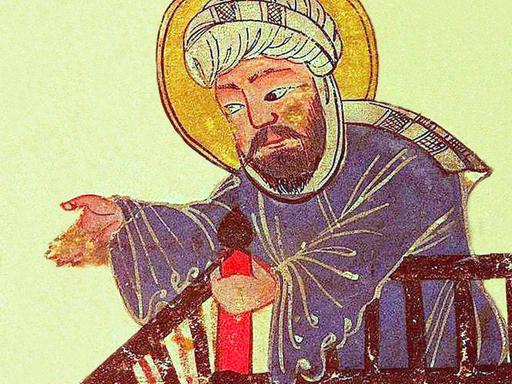 Gemälde des Propheten Mohammed wie er eine Predigt hält.