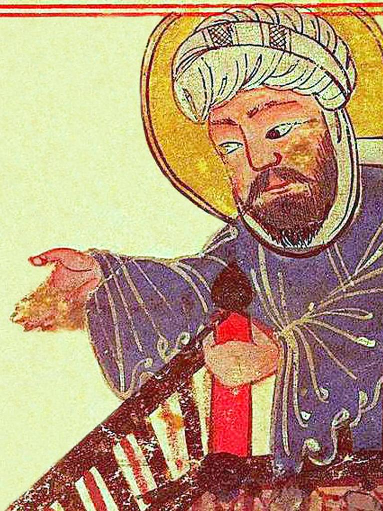 Gemälde des Propheten Mohammed wie er eine Predigt hält.