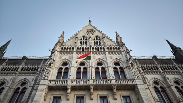 Vor einem hohen Gebäude aus hellem Stein weht eine rot-weiß-grüne Flagge.