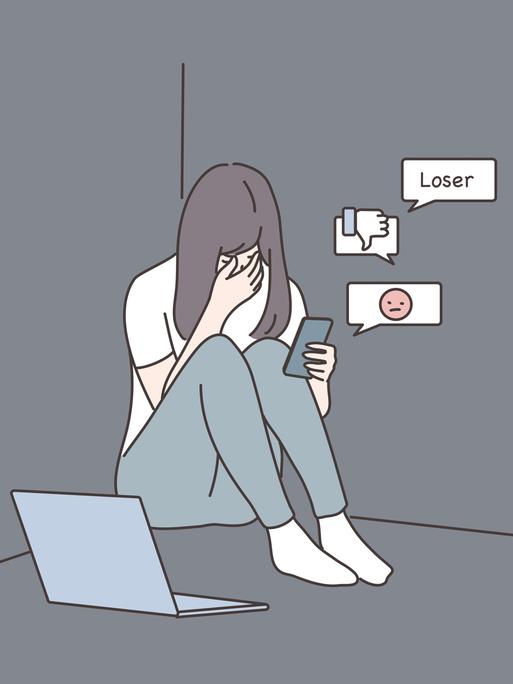 Eine farbige Zeichnung zeigt ein Mädchen, das niedergeschlagen auf dem Boden sitzt und auf ihrem Smartphone Nachrichten liest. In einer Sprachblase ist "Loser" zu lesen. Symbolbild für Cybermobbing