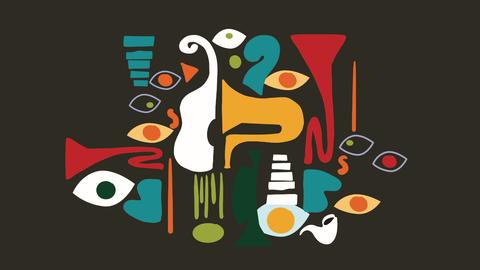 Jazz Instrumente auf dunklem Hintergrund. Illustration in handgemaltem Stil.