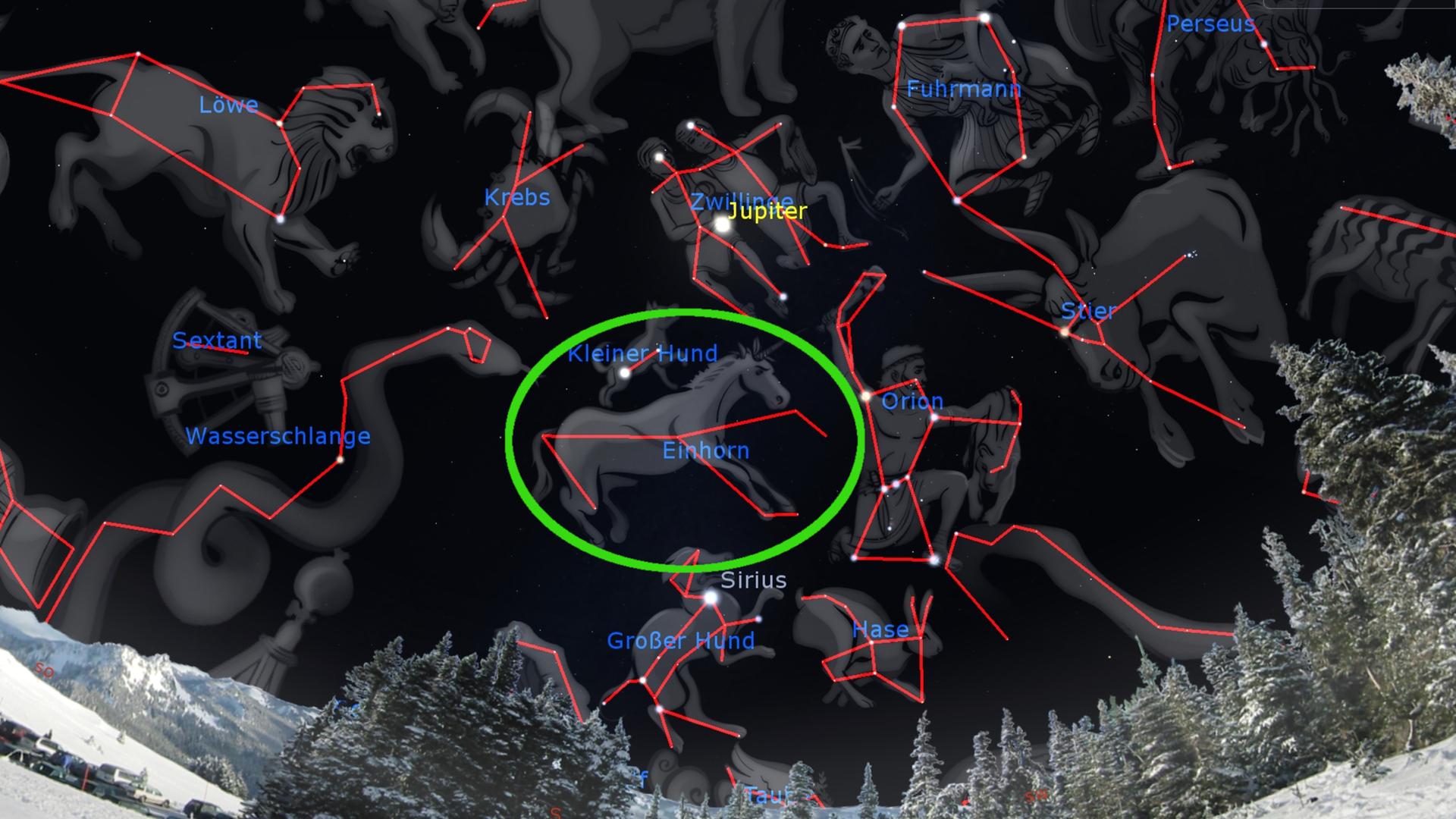 Das Einhorn trabt begeistert auf Orion zu – bestaunt von all den anderen winterlichen Figuren und dem Planeten Jupiter. 
