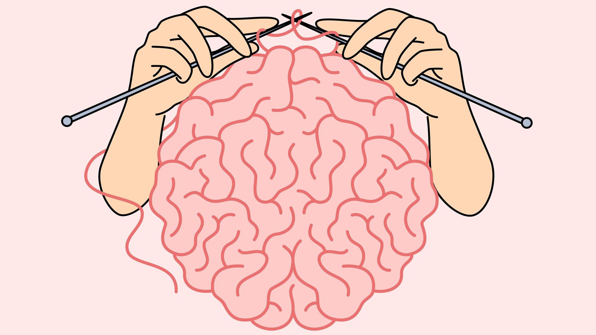 Illustration eines menschlichen Gehirns und Händen mit Stricknadeln.