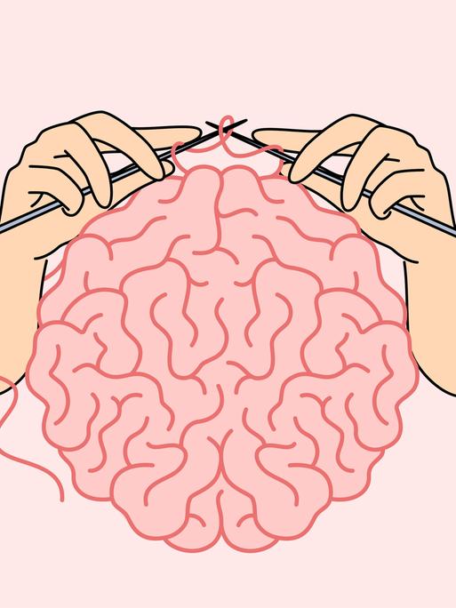 Illustration eines menschlichen Gehirns und Händen mit Stricknadeln.