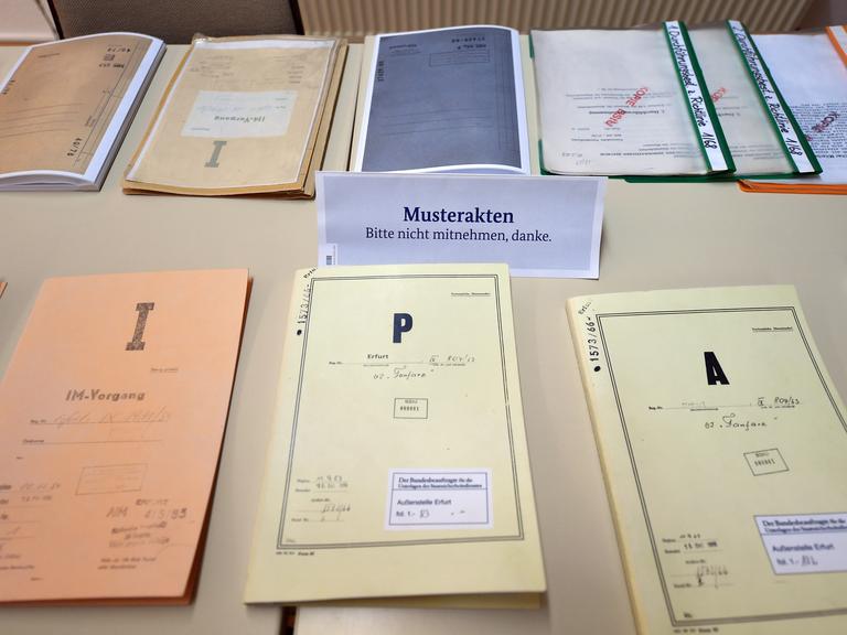Muster von Stasi-Akten liegen auf einem Tisch