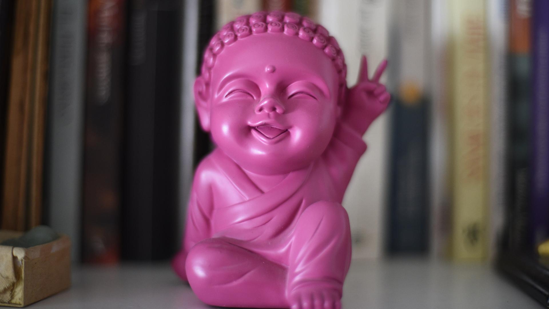 Close-Up auf eine pinke Buddha-Palstikfigur.