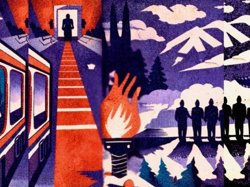 Geteiltes Bild: Ein Mann blickt eine Treppe herunter, daneben eine brennende Olympia-Fackel und Filmrollen.