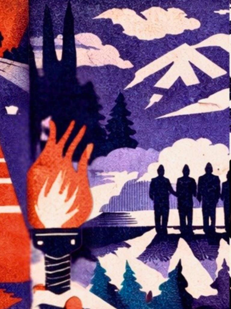 Geteiltes Bild: Ein Mann blickt eine Treppe herunter, daneben eine brennende Olympia-Fackel und Filmrollen.