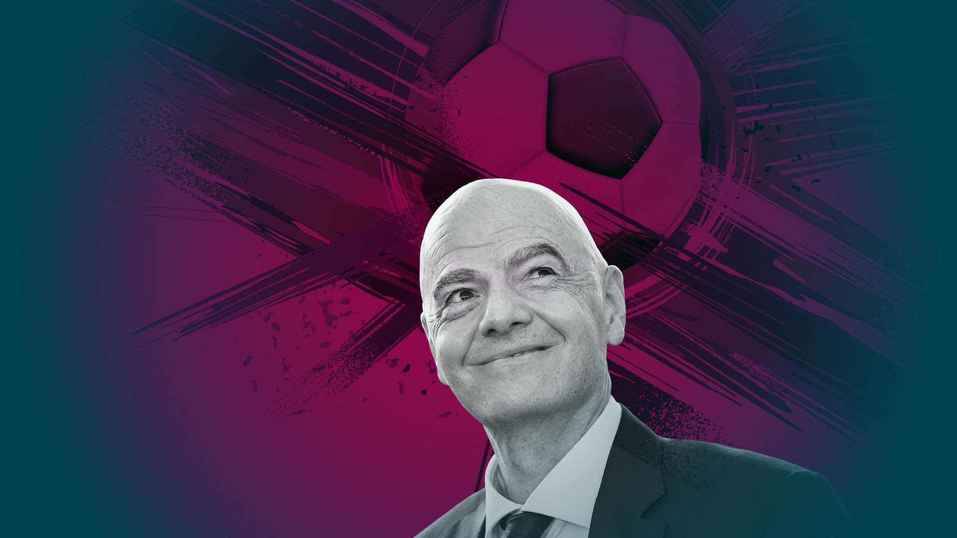 Porträt von Gianni Infantino, der leicht nach oben schaut und schmunzelt.
Im Hintergrund ist die violett eingefärbte Grafik eines Fußballes zu sehen.