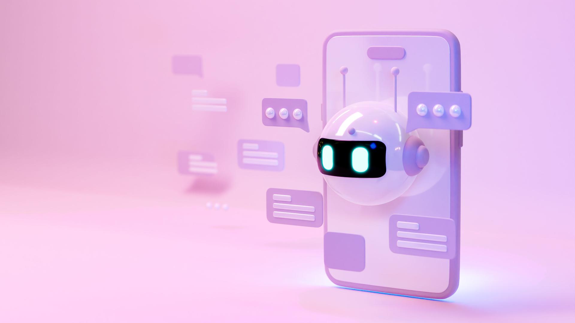 Illustration: Ein Bildschirm mit KI-Chatbot-Assistent, ein Robotergesicht mit Sprechblasen schaut aus dem Display eines Smartphone. Illustration: Ein Bildschirm mit KI-Chatbot-Assistent, ein Robotergesicht mit Sprechblasen schaut aus dem Display eines Smartphone.