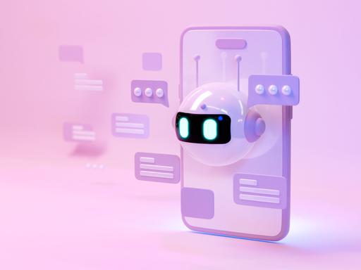 Illustration: Ein Bildschirm mit KI-Chatbot-Assistent, ein Robotergesicht mit Sprechblasen schaut aus dem Display eines Smartphone.