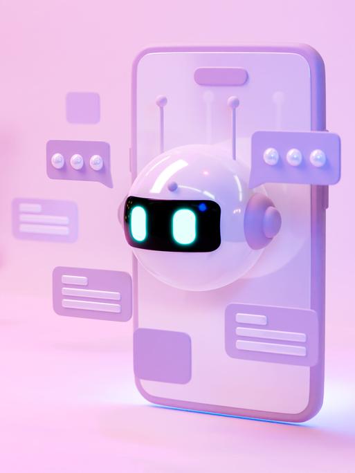 Illustration: Ein Bildschirm mit KI-Chatbot-Assistent, ein Robotergesicht mit Sprechblasen schaut aus dem Display eines Smartphone.