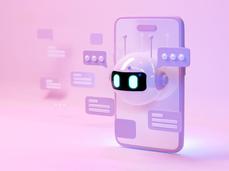 Illustration: Ein Bildschirm mit KI-Chatbot-Assistent, ein Robotergesicht mit Sprechblasen schaut aus dem Display eines Smartphone.