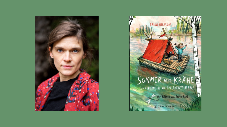 Ein Portrait der Schriftstellerin Frieda Nilsson und das Buchcover von "Ein Sommer mit Krähe"