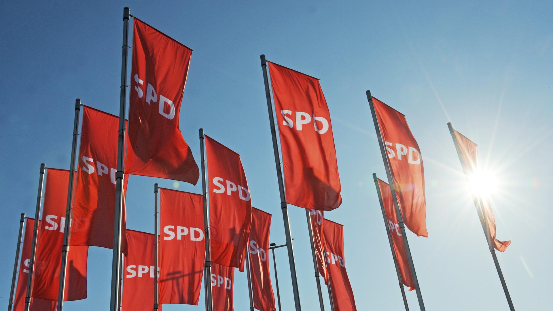 Mehrere rote Fahnen mit dem SPD-Logo.
