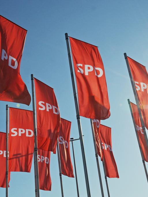 Rote Fahnen mit dem SPD Logo wehen vor einem Landesparteitag.