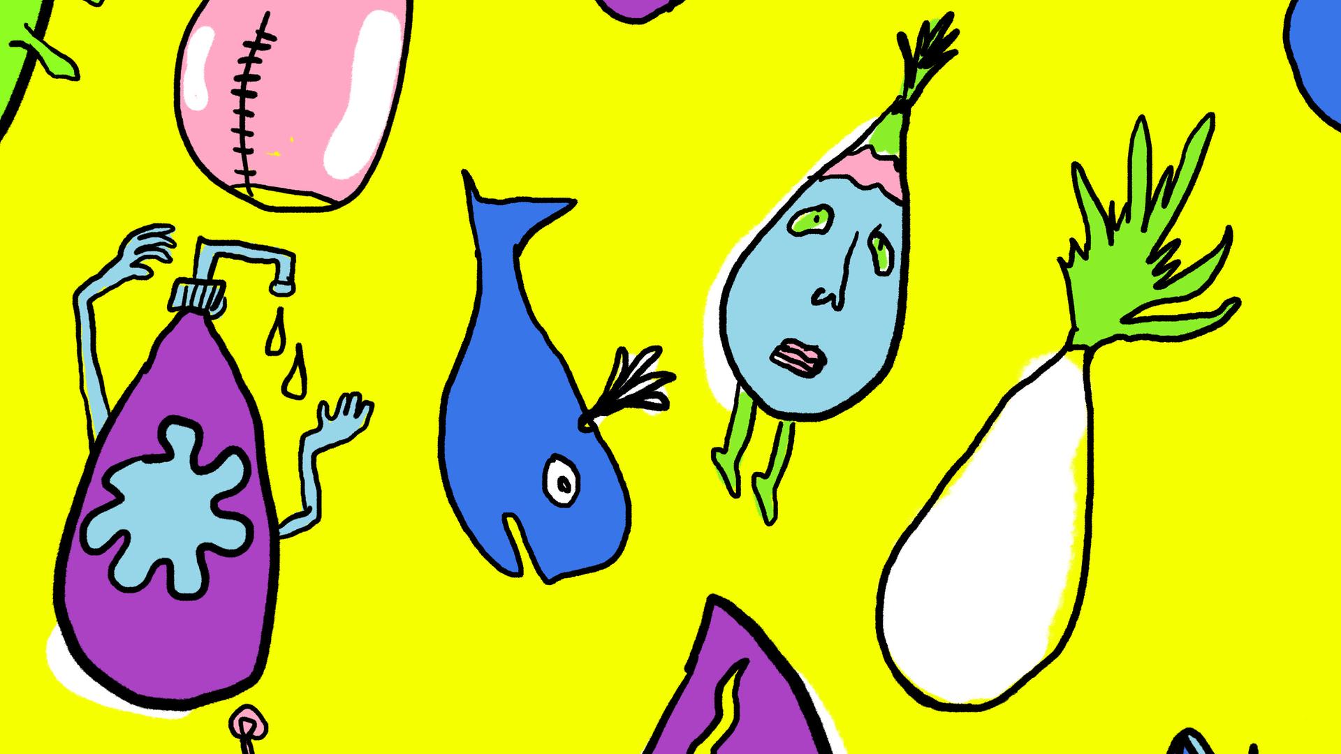 Illustration bunter doku drops vor gelbem Hintergrund. Illustration bunter doku drops vor gelbem Hintergrund.