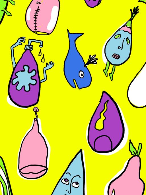 Illustration bunter doku drops vor gelbem Hintergrund.