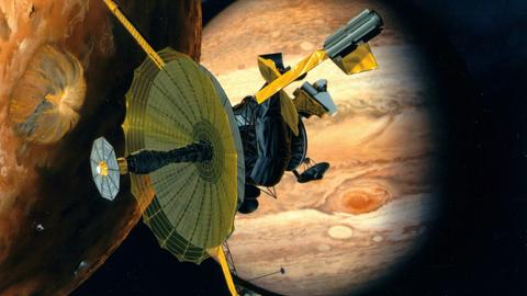 Ein Illustration zeigt die Raumsonde Galileo im Jupitersystem.
