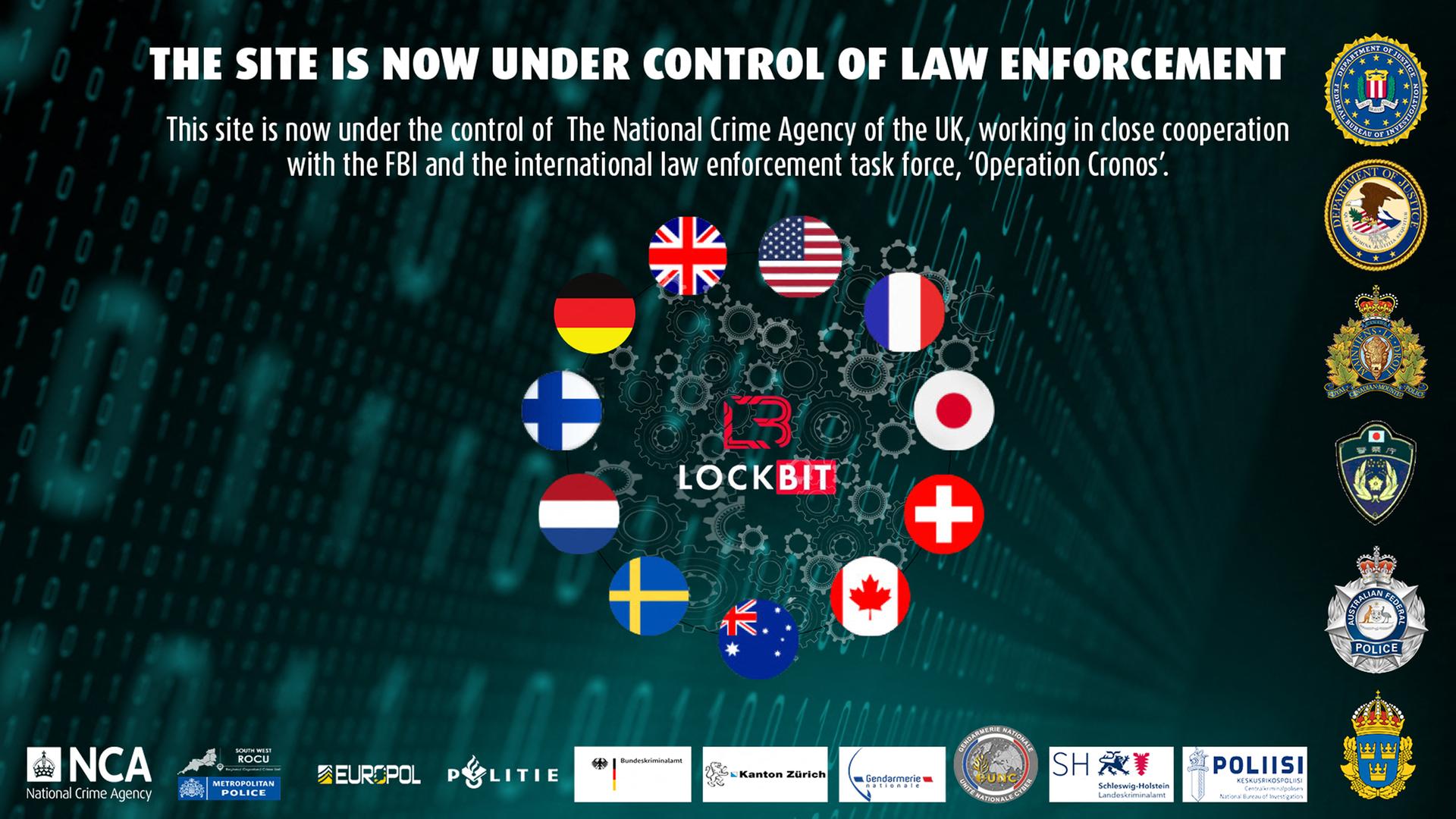 Das Foto einer website, auf der die Flaggen der europäischen Länder, die Ermittlerlogos und die Information "The site is now under control of law enforcement".