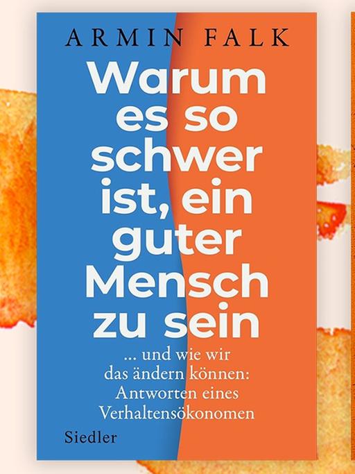 Die Cover der Sachbücher von Armin Falk, "Warum es so schwer ist, ein guter Mensch zu sein", von Charlotte Wiedemann "Den Schmerz der Anderen begreifen. Holocaust und Weltgedächtnis", von Robin Wall Kimmerer, "Das Sammeln von Moos" auf einem orange-weißem Hintergrund.