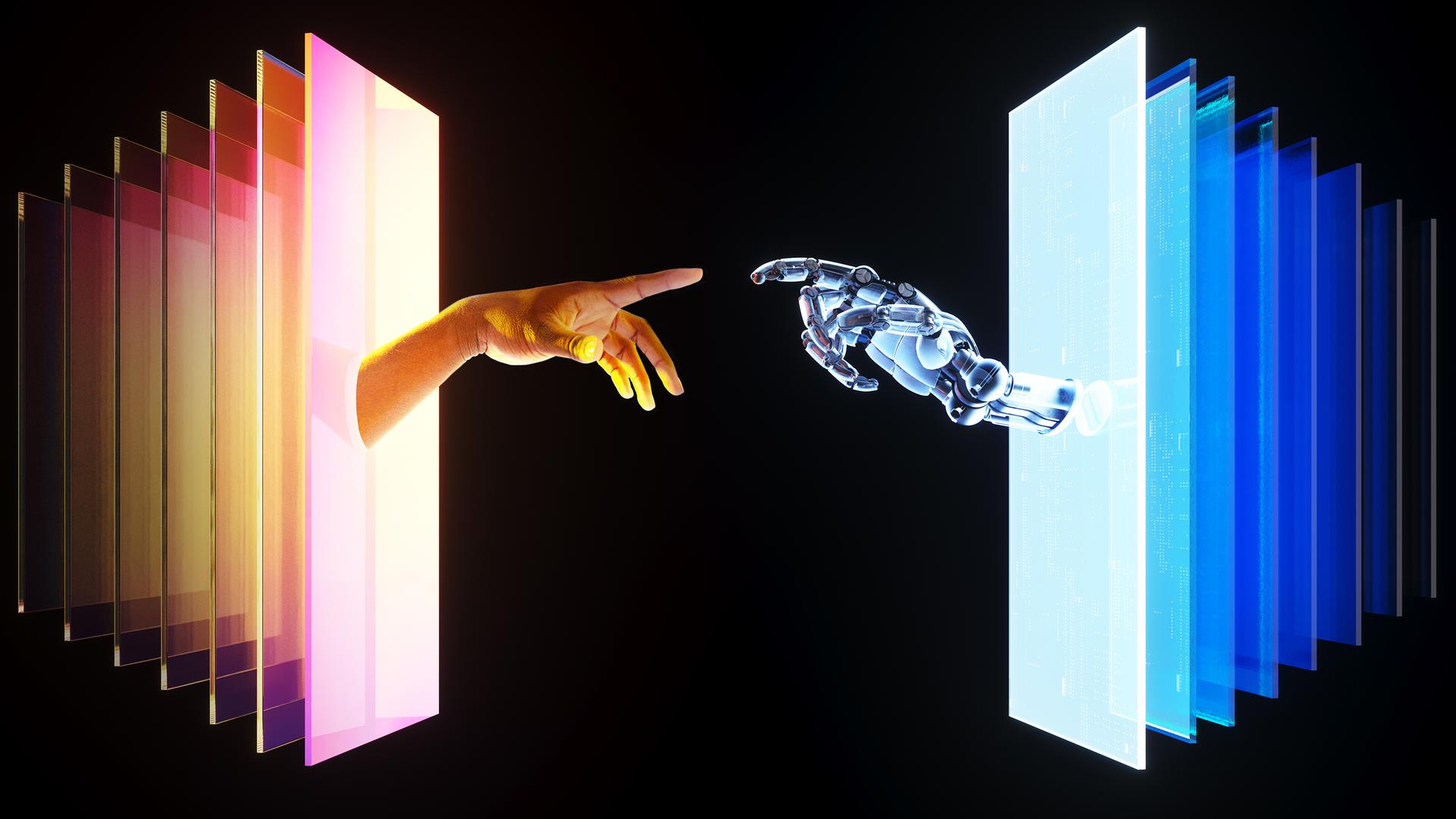Eine Roboterhand und eine menschliche Hand reichen einander zugewandt aus einer Reihe Rahmen heraus.