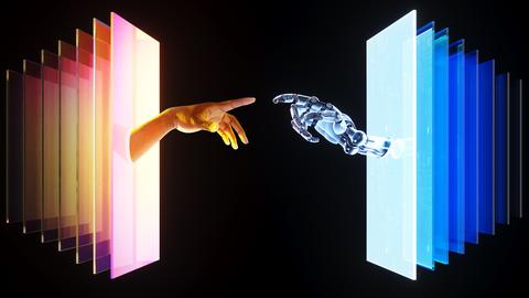 Eine Roboterhand und eine menschliche Hand reichen einander zugewandt aus einer Reihe Rahmen heraus.