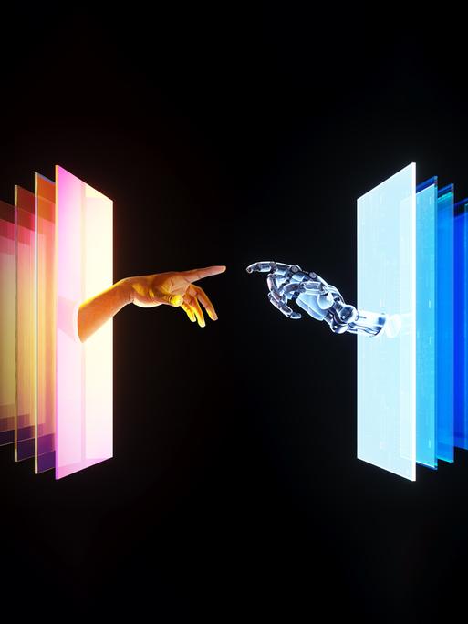 Eine Roboterhand und eine menschliche Hand reichen einander zugewandt aus einer Reihe Rahmen heraus.